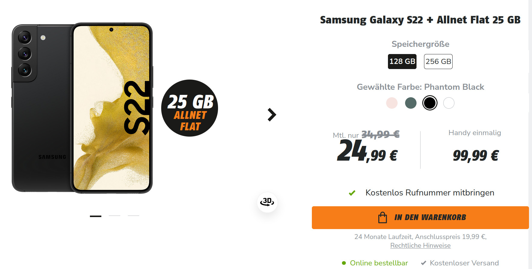 Galaxy S22 Tarife: 25 GB LTE Allnet-Flat im Telekom-Netz für mtl. 24,99 Euro/Eff. 3,69 Euro