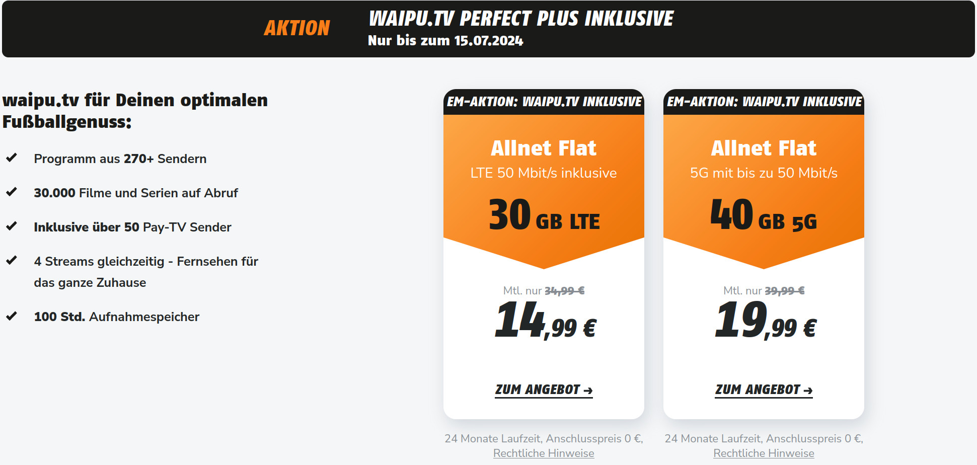 Fussball EM 40 GB Tarife: Gratis WaipuTV mit 40 GB Allnet-Flat im Telekom Netz fr 19,99 Euro