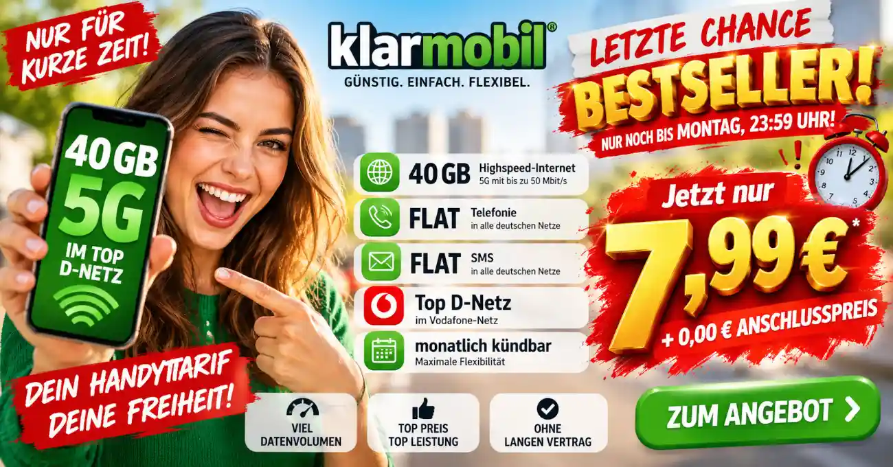 Klarmobil 40 GB 5G f�r 7,99 Euro im Vodafone-Netz