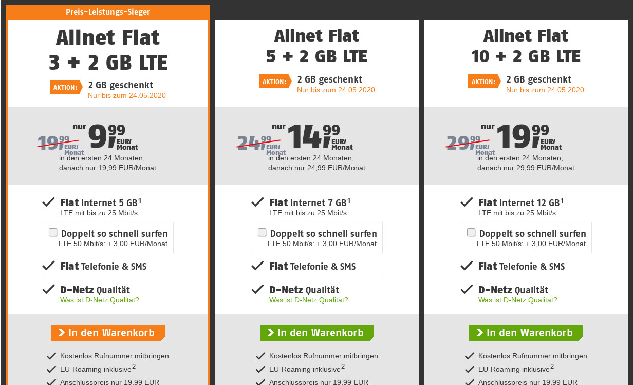 Spartipp im Telekom Netz: Gratis 2 GB Datenvolumen --Klarmobils 7 GB LTE All-In-Flat f�r 14,99 Euro
