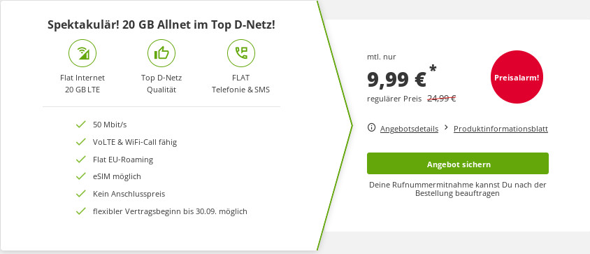 Preiskracher Vodafone Netz: 20 GB All-In-Flat im Vodafone Netz für mtl. 9,99 Euro, 360 Euro sparen
