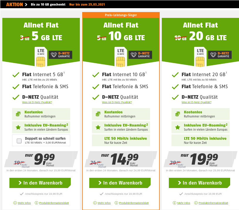 Klarmobil Tarife: Doppeltes Datenvolumen --20 GB LTE All-In-Flat im Telekom-Netz fr 19,99 Euro