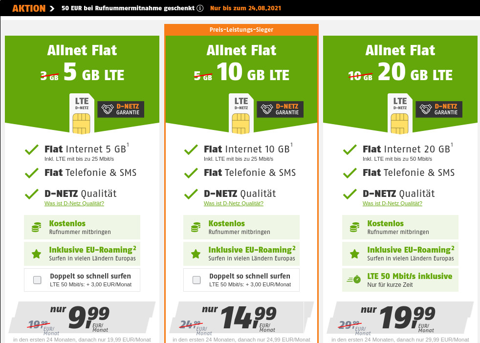 Telekom Netz: 40 Prozent sparen, 50 Euro Wechselbonus- 10 GB LTE All-In-Flat für 14,99 Euro