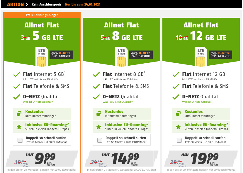 Black Week: 50 Prozent sparen, gratis 2 GB Datenvolumen, kein Anschlusspreis --5 GB LTE All-In-Flat fr 9,99 Euro