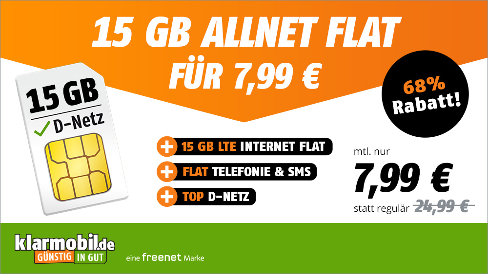 Nur noch heute: 68 Prozent Rabatt --15 GB All-In-Flat im Vodafone Netz für mtl. 7,99 Euro, 408 Euro sparen