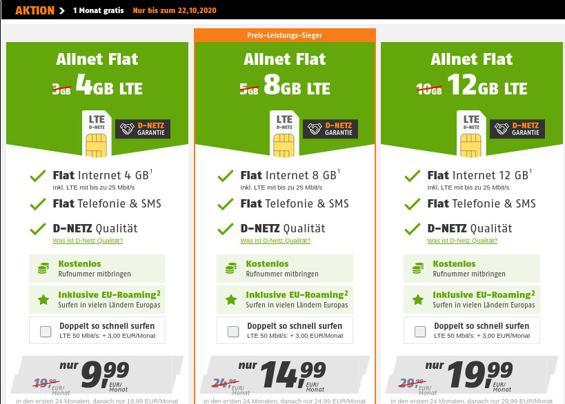 Klarmobil Tarife: 1 gratis Monat mit 12 GB LTE All-In-Flat im Telekom-Netz fr 19,99 Euro