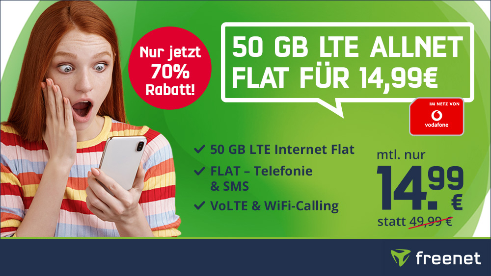 70 Prozent Rabatt Vodafone Netz: 50 GB Vodafone Allnet-Flat für mtl. 14,99 Euro und 840 Euro sparen