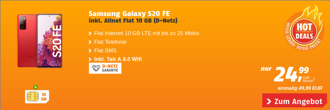 Galaxy S20 Tarife: 10 GB LTE Allnet-Flat im Telekom-Netz für mtl. 24,99 Euro/Eff. 4,15 Euro