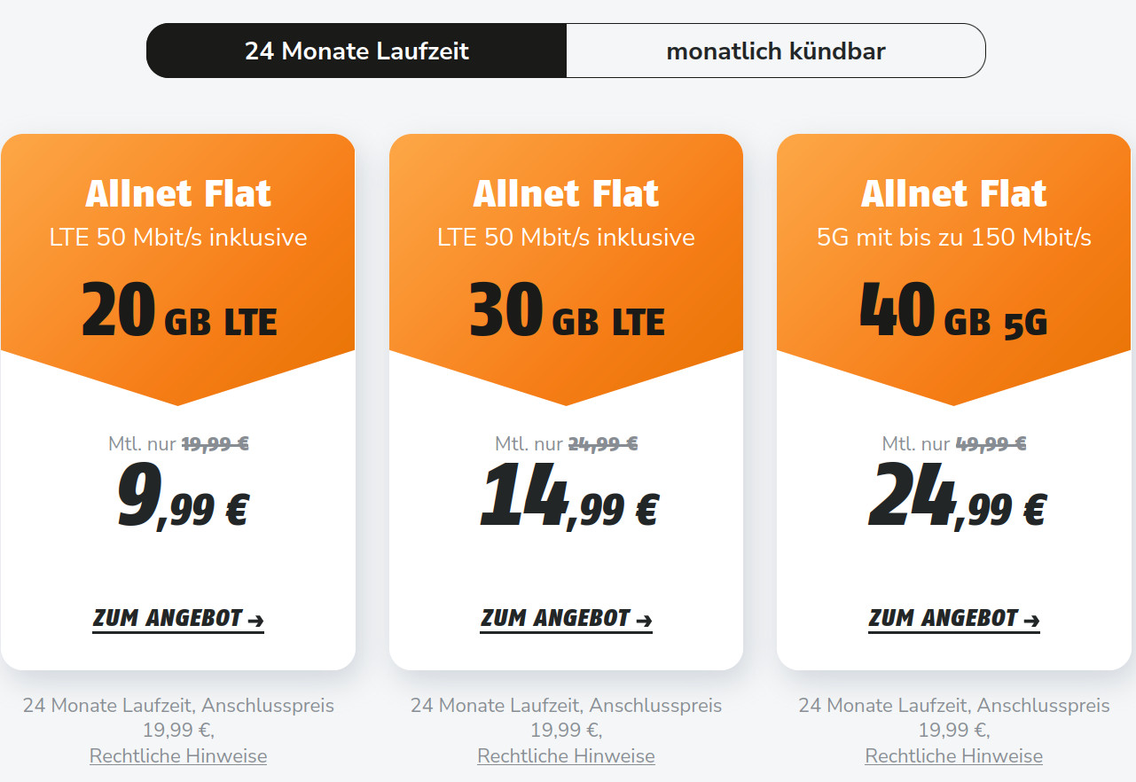 Neue Klarmobil Handytarife 20 GB GB im Vodafone Netz für