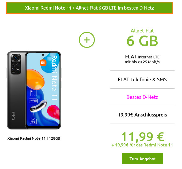 Preistipp Telekom Netz: Xiaomi Redmi Note 11 mit 6 GB LTE All-In-Flat für mtl. 11,99 Euro/Eff. 4,16 Euro