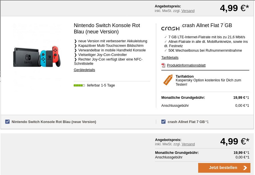 Spartipp: 50 Euro Wechselbonus, Nintendo Switch mit 7 GB LTE All-In-Flat fr 19,99 Euro/Eff. 4,36 Euro