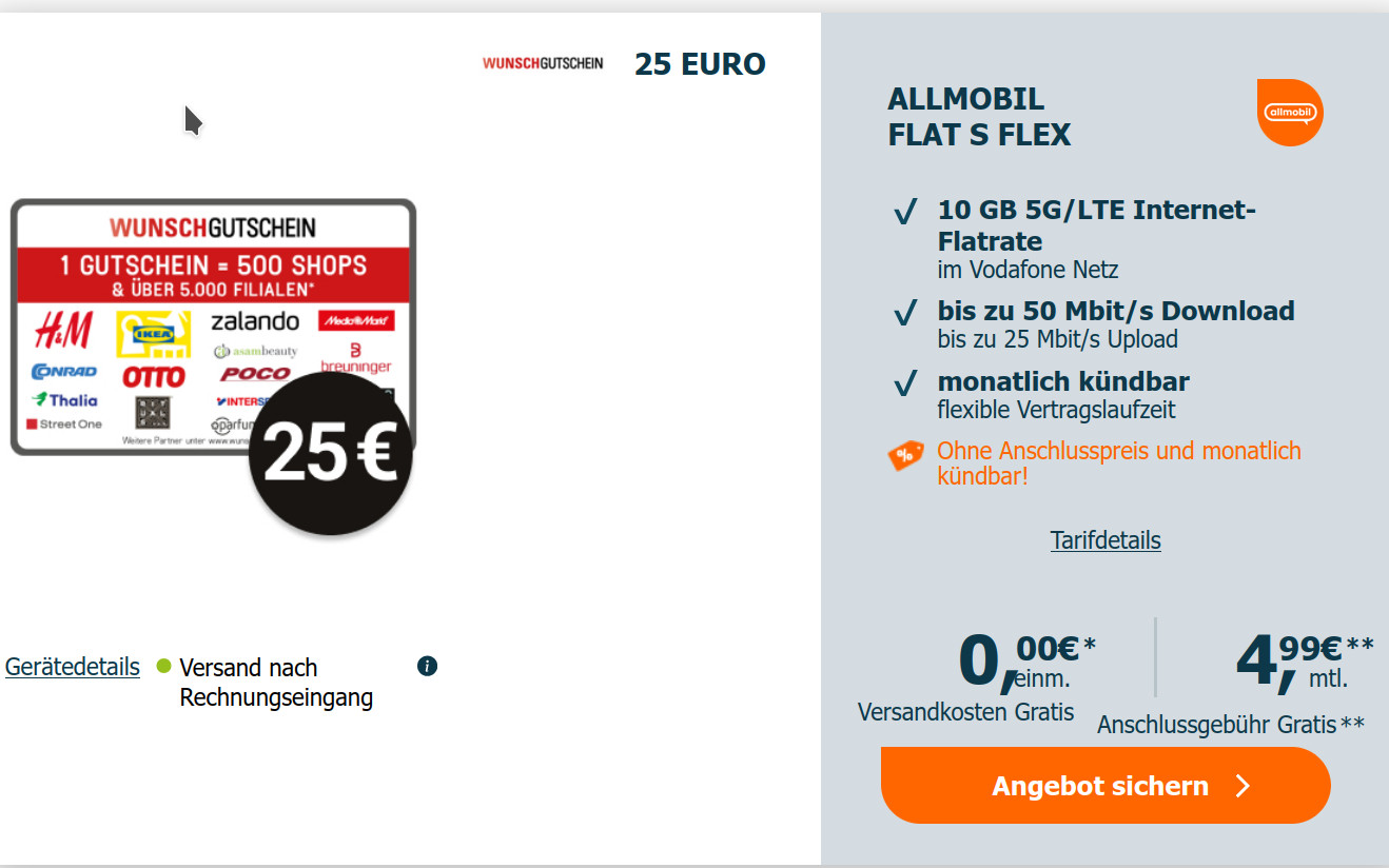 Ausf�hrlicher Vergleich der Logitel Allmobil Flat S Flex Aktion mit 25Euro Wunschgutschein. Alle Details zu Tarif, Kosten, Vorteilen und Alternativen im Vodafone-Netz.