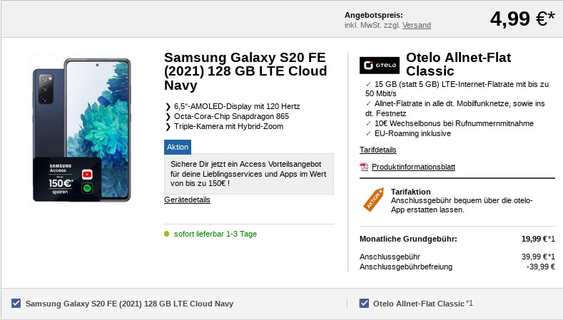 Spartipp Galaxy S20 Tarife: otelo 15 GB LTE Allnet-Flat mit 50 Mbit fr mtl. 19,99 Euro/Eff. 2,28 Euro