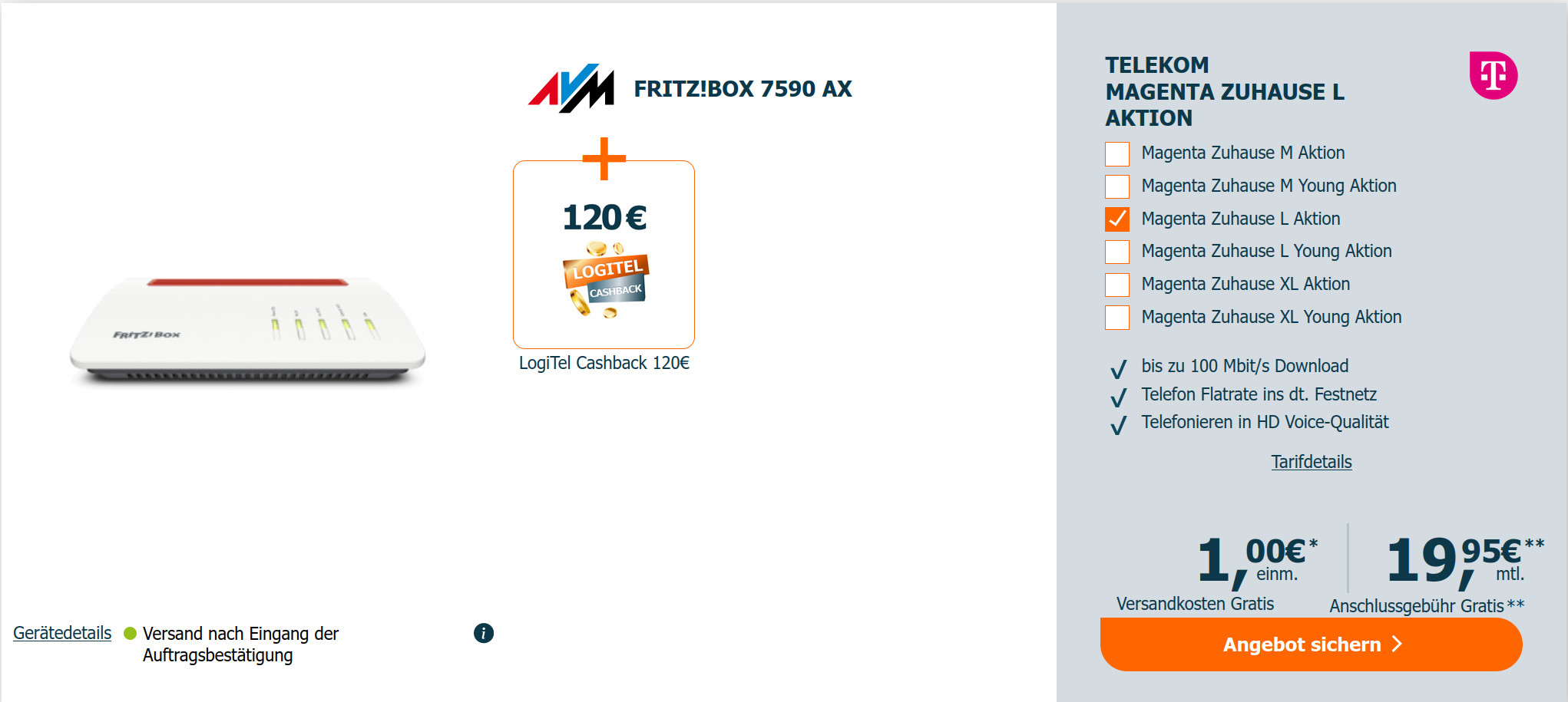 Telekom VDSL Deal: 120 Euro Cashback mit Fritzbox 7590 AX fr mtl. 19,95 Euro