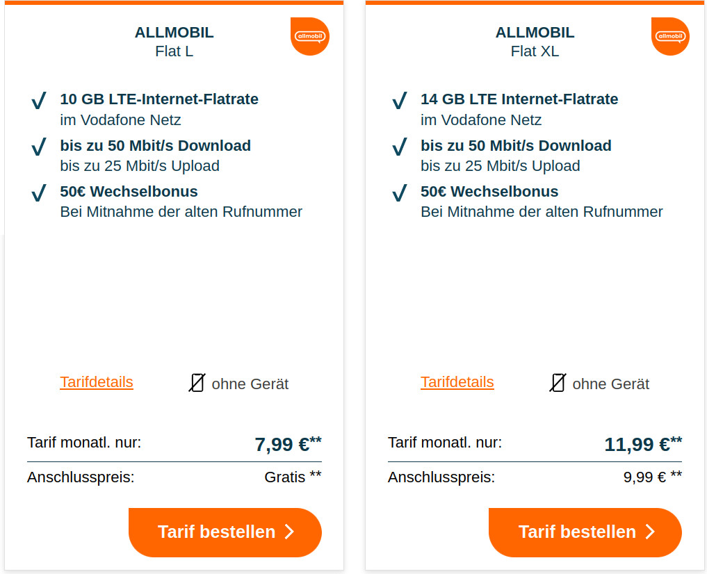 Preistipp Vodafone Handytarife: 50 Euro Wechselbonus mit 10 GB All-In-Flat im Vodafone Netz für mtl. 7,99 Euro