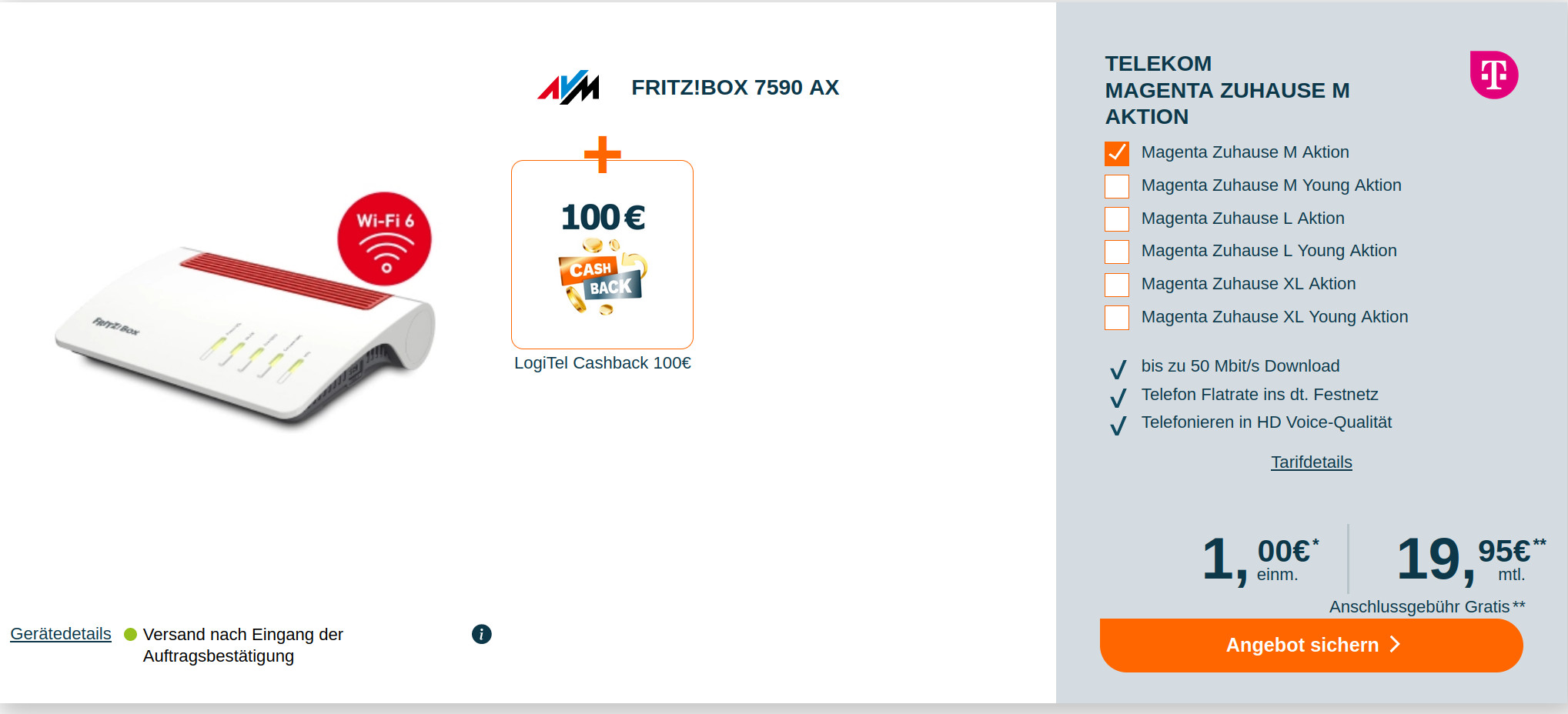 Telekom Magenta Zuhause Aktion: 100 Euro Cashback plus Fritzbox 7590 AX mit Magenta Tarif für mtl. 19,95 Euro