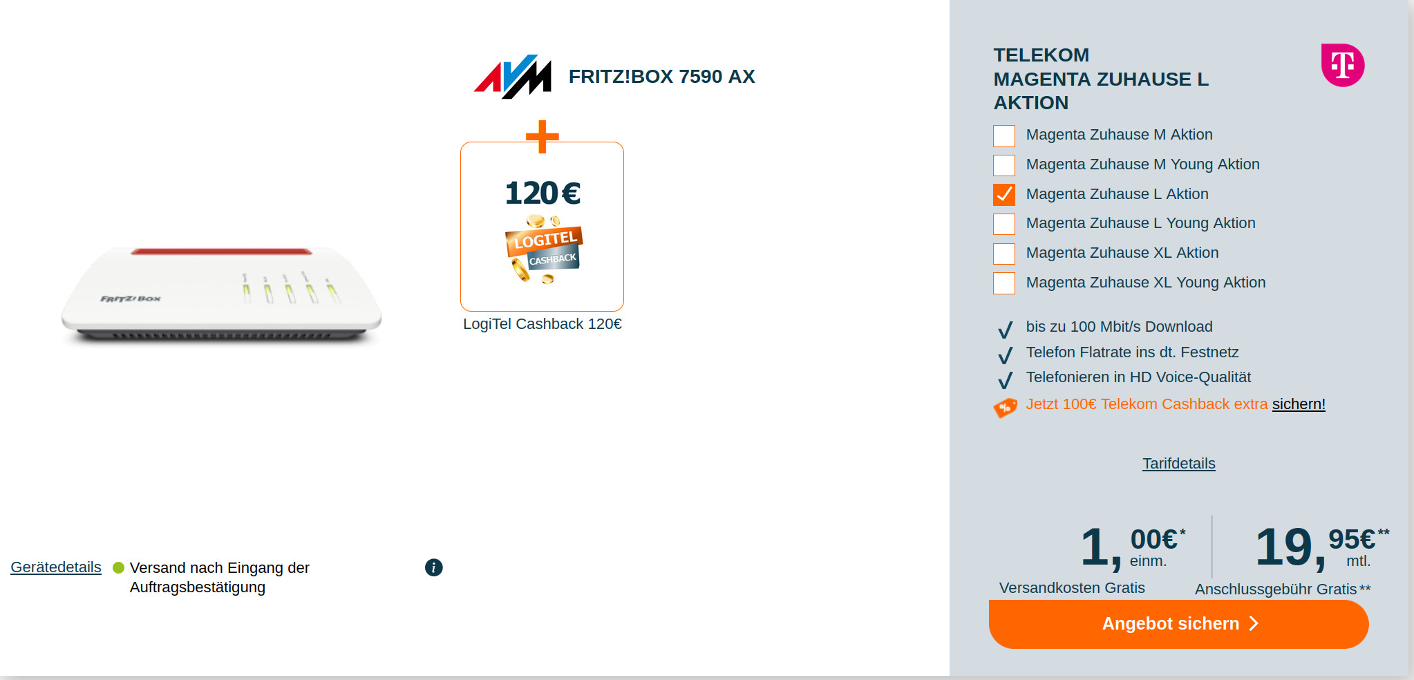 Telekom Magenta Zuhause: 220 Euro Cashback mit Fritzbox 7590 AX fr mtl. 19,95 Euro