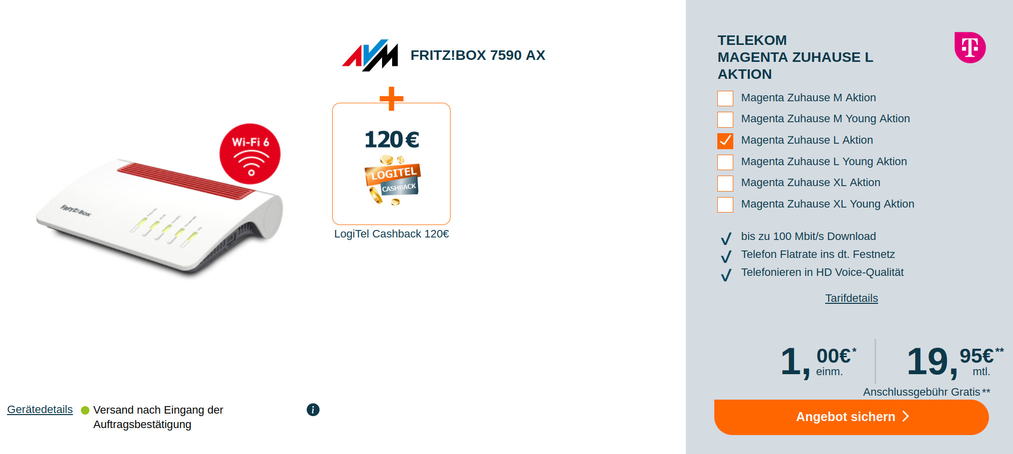 Telekom Magenta Zuhause: 120 Euro Cashback mit Fritzbox 7590 AX für mtl. 19,95 Euro