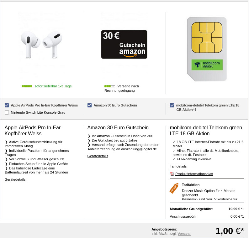 Telekom Netz: Gratis Apple AirPods Pro plus 30 Euro Amazon Gutschein plus 18 GB LTE Datenflat fr 19,99 Euro