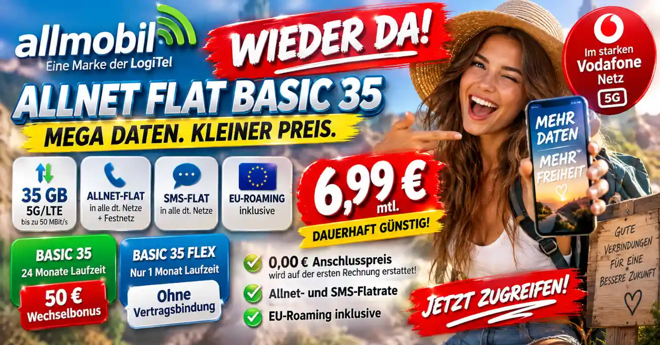Allmobil 35 GB 5G f�r 6,99 Euro im Vodafone-Netz