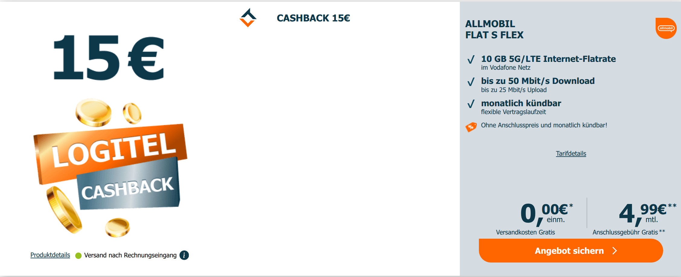 Preistipp Vodafone Tarife: 15 Euro Cashback mit 10 GB Vodafone Allnet-Flat fr mtl. 4,99 Euro
