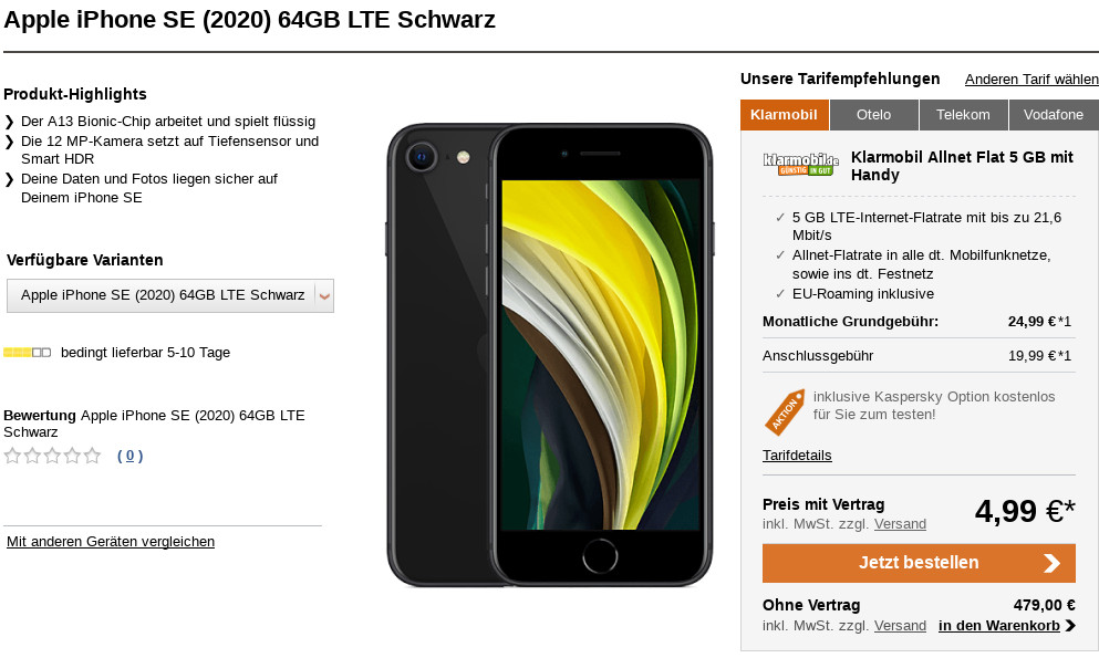 iPhone SE Tarife: 5 GB Klarmobl LTE Tarife fr 24,99 Euro /Eff. 6,07 Euro