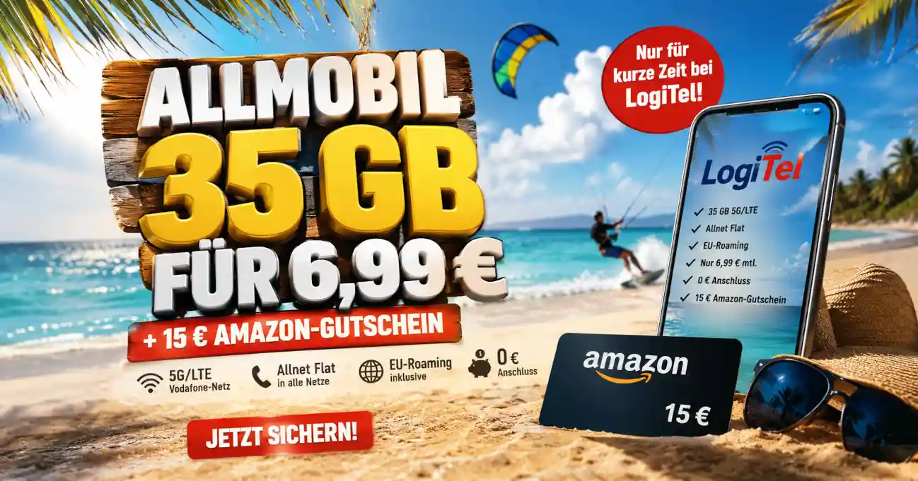 LogiTel bietet 35 GB 5G im Vodafone-Netz f�r 6,99 Euro monatlich. Der Allmobil-Tarif ist flexibel und enth�lt einen 15-Euro-Amazon-Gutschein