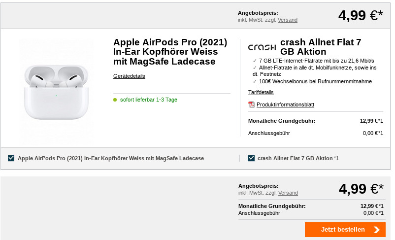 Preiskracher 50 Euro Wechselbonus: Apple AirPods Pro In-Ear mit 7 GB LTE All-In-Flat fr 12,99 Euro/Eff. 1,95 Euro