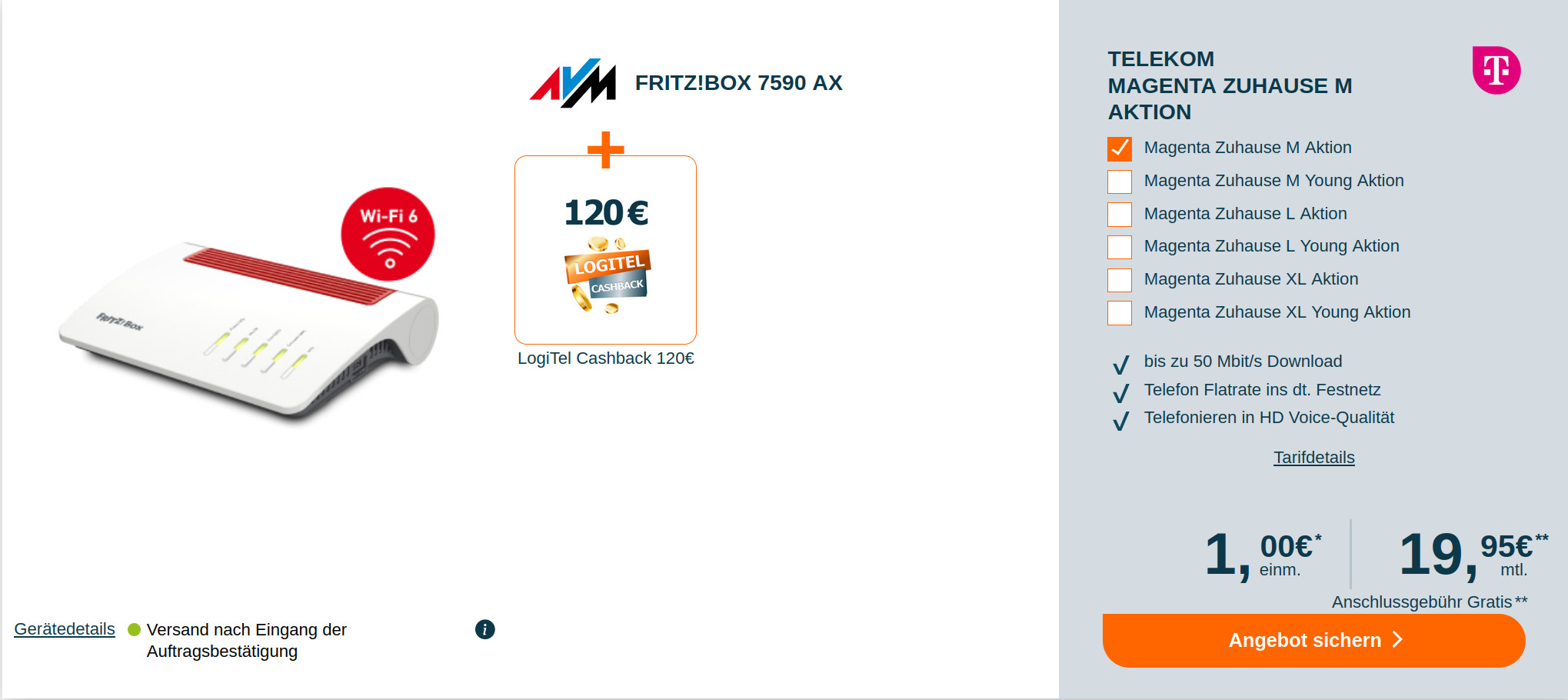 Spartipp Telekom Magenta Zuhause: 100 Euro Cashback plus Fritzbox 7590 AX mit Magenta Tarif für mtl. 19,95 Euro