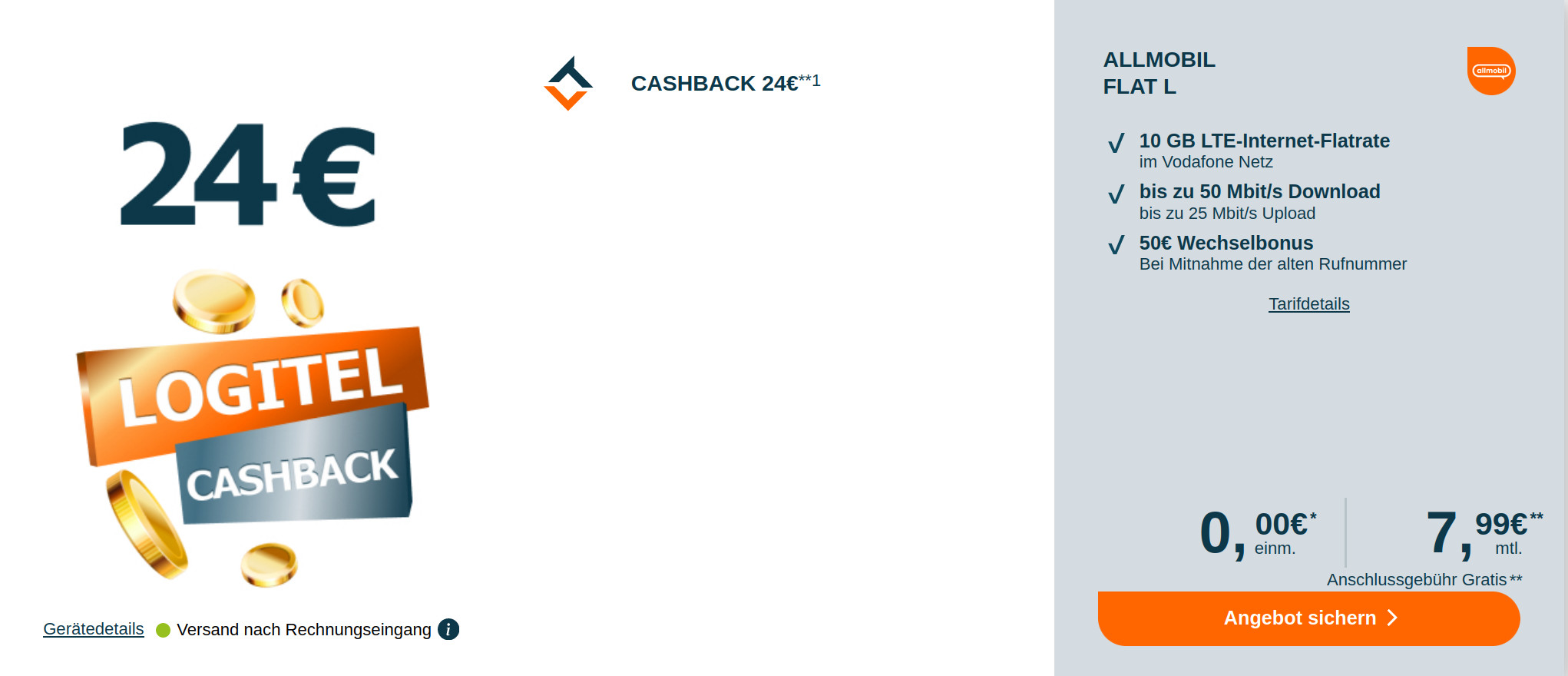 Cashback Handyflatrate: 74 Euro Bonus mit 10 GB All-In-Flat im Vodafone Netz für mtl. 7,99 Euro/Eff. 4,91 Euro