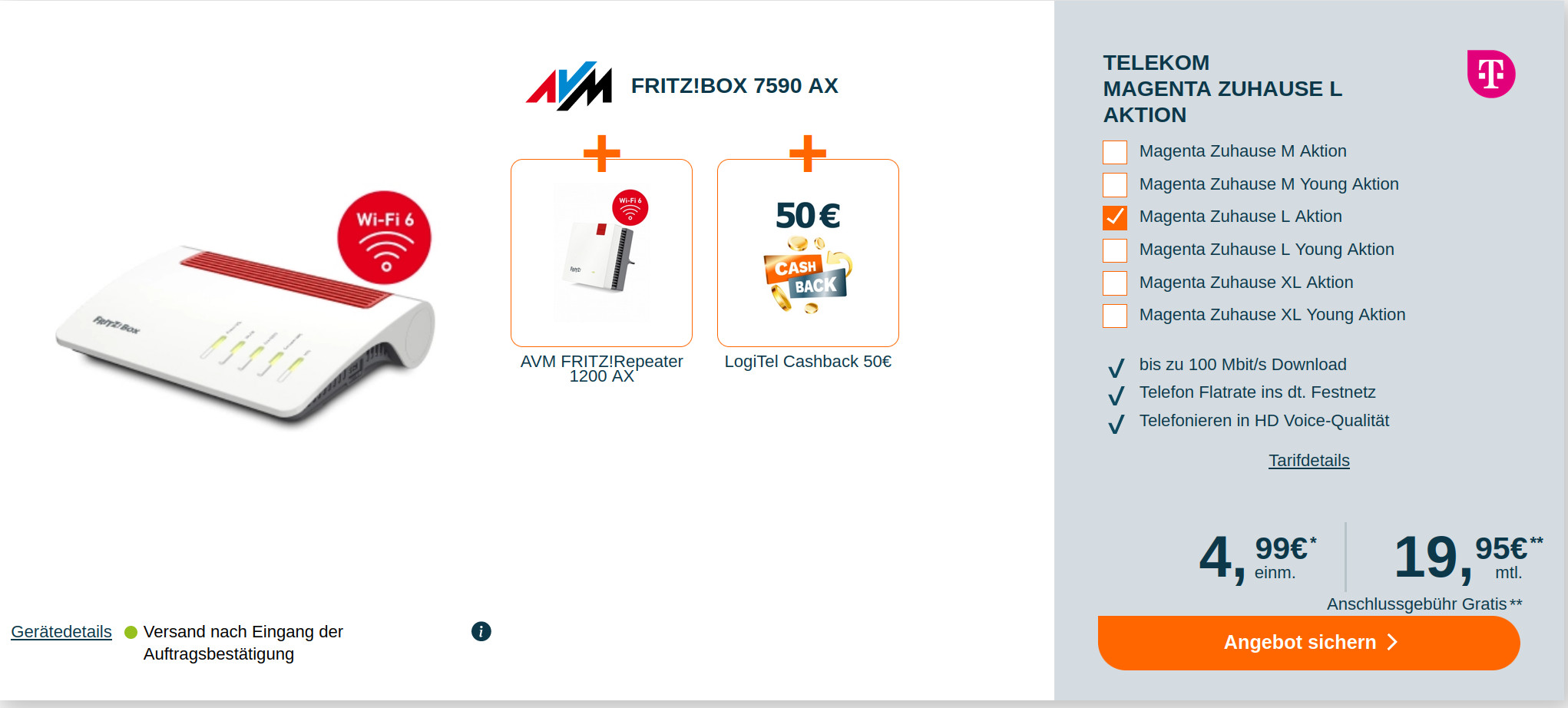 Telekom Magenta Zuhause: 50 Euro Cashback plus Repeater plus Fritzbox 7590 AX mit Magenta Tarif für mtl. 19,95 Euro