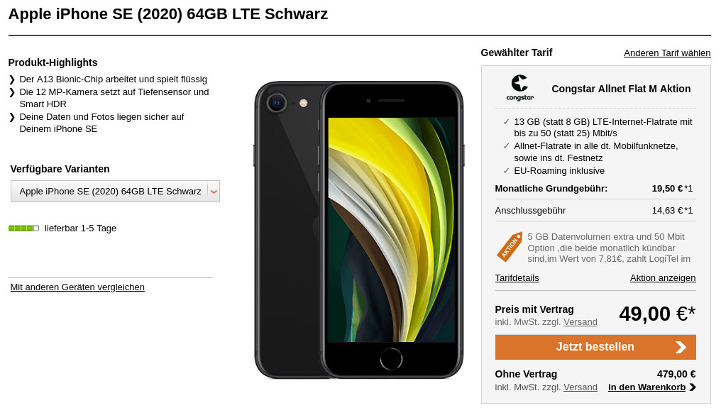 iPhone SE Tarife: iPhone SE mit 8 GB congstar LTE 25 Mbit Allnet-Flat für 19,50 Euro /Eff. 2,98 Euro