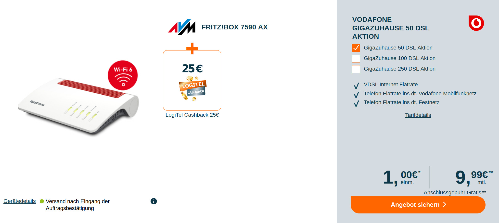 Spartipp Vodafone DSL Tarife: Cashback plus Fritzbox 7590 AX mit Vodafone DSL ab mtl. 19,99 Euro