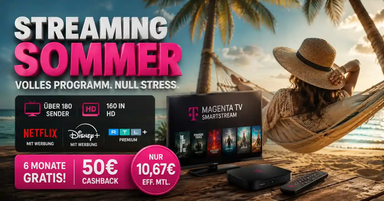 MagentaTV SmartStream bei LogiTel: 6 Monate gratis, Netflix, Disney+ und RTL+ inklusive. Mit 50 Euro Cashback effektiv nur 10,67 Euro monatlich