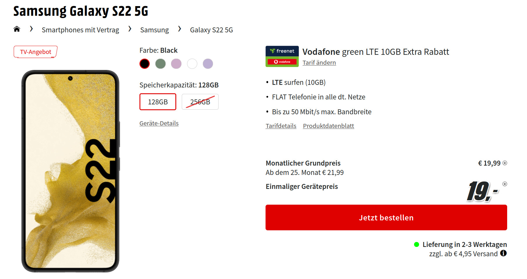 Preishammer Galaxy S22 5G: 10 GB Vodafone Allnet-Flat für 19,99 Euro/Eff. -1,30 Euro