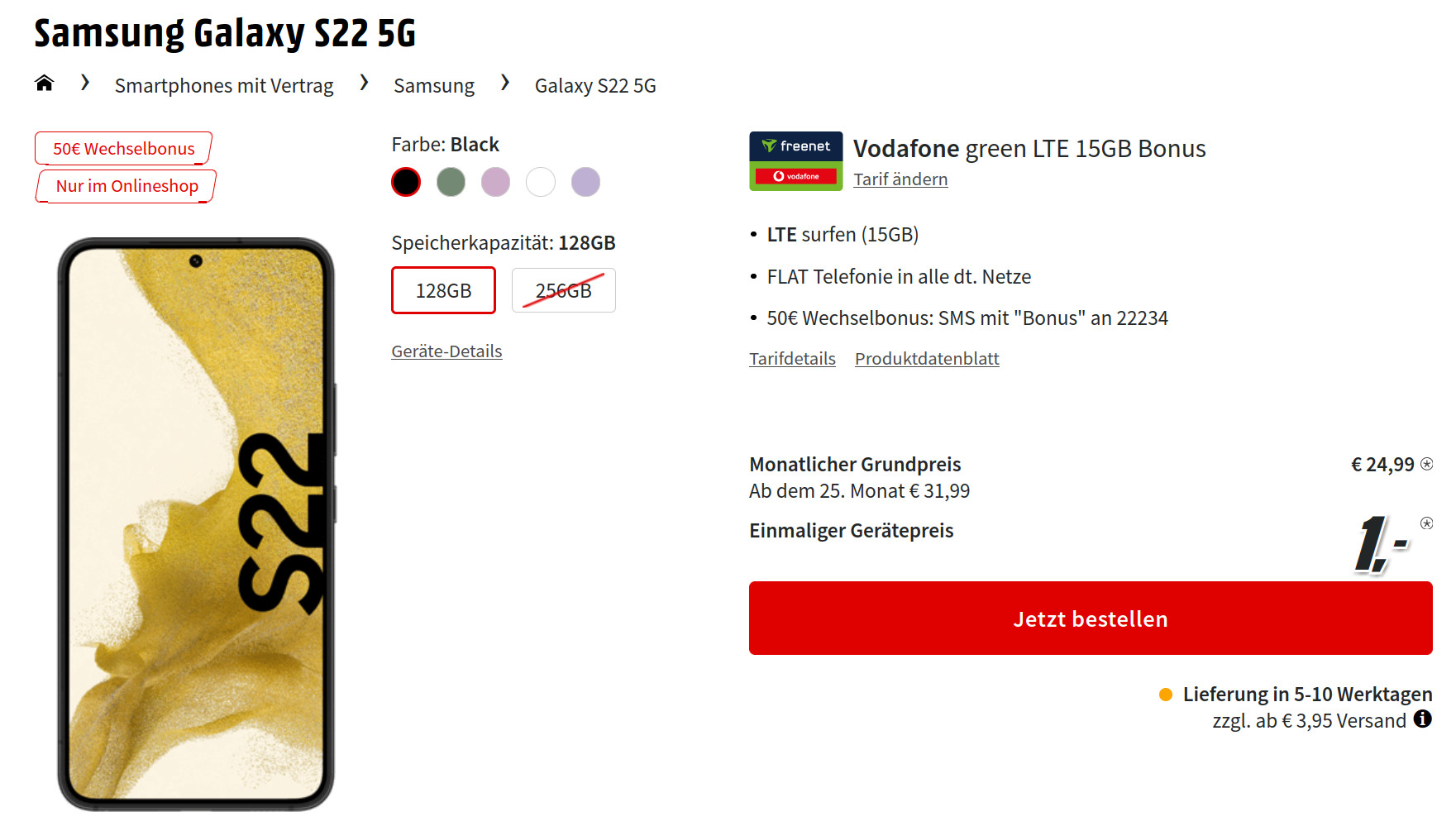 Preiskracher Galaxy S22 5G Tarife: 50 Euro Wechselbonus plus 15 GB Vodafone Allnet-Flat für 24,99 Euro/Eff. -2,47 Euro