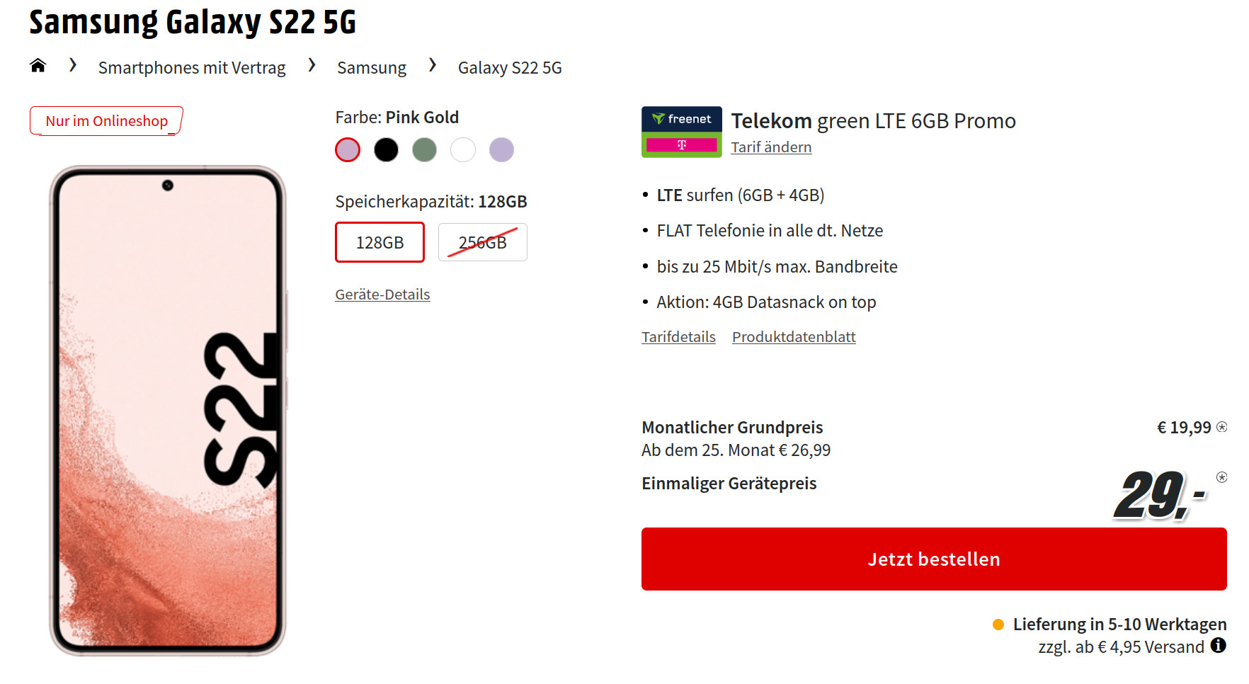 Galaxy S22 5G Handytarife: 10 GB Telekom Allnet-Flat für 19,99 Euro/Eff. -0,88 Euro