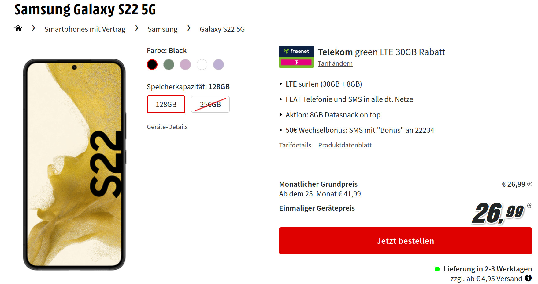 Preishammer Galaxy S22 5G Handytarife: 50 Euro Wechselbonus --38 GB Telekom Allnet-Flat für 26,99 Euro/Eff. 3,95 Euro
