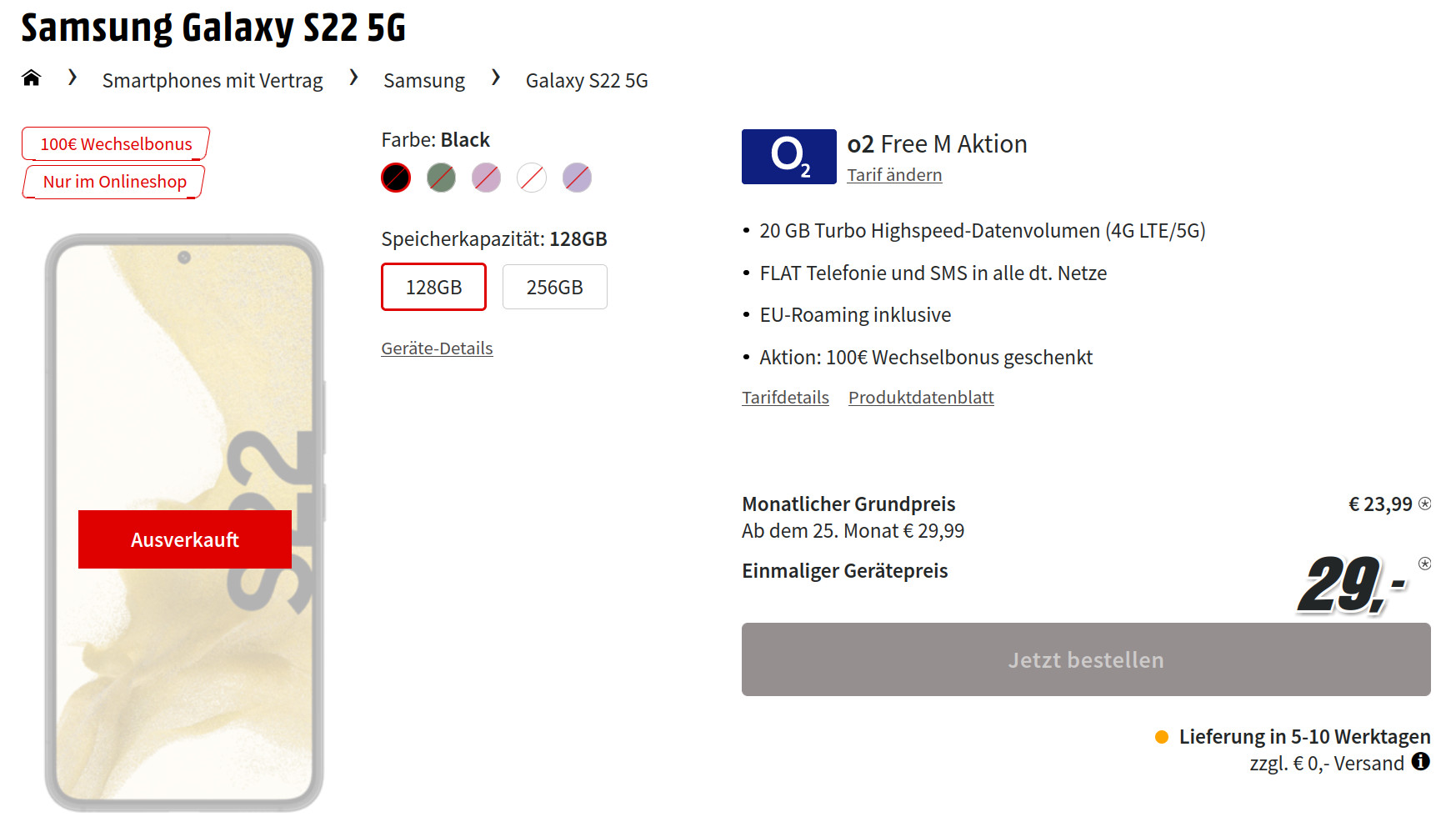 Adventskracher Galaxy S22 5G Tarife: 100 Euro Wechselbonus plus 20 GB O2 Allnet-Flat für 23,99 Euro/Eff. -4,39 Euro
