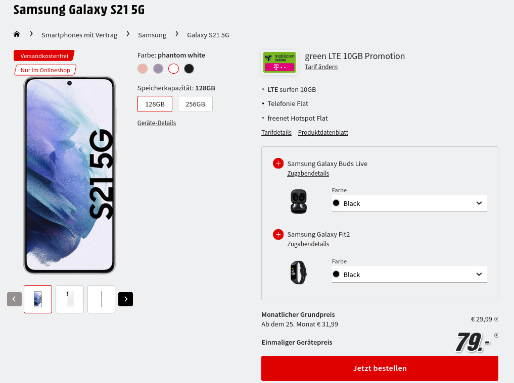 Galaxy S21 Tarife: Handy plus Gratis Galaxy Buds Live und Fit2 mit 10 GB Telekom Allnet-Flat fr mtl. 29,99 Euro