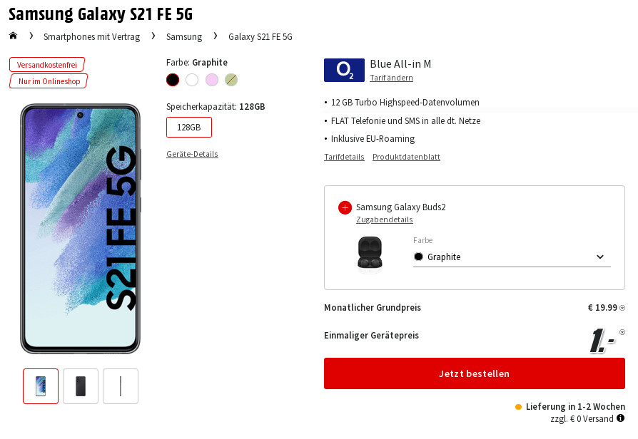 Preistipp Galaxy S21 Tarife: Galaxy S21 FE 5G mit gratis Smartwatch mit 12 GB O2 Allnet-Flat fr 19,99 Euro/Eff. -2,47 Euro