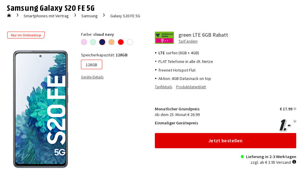 Muttertags-Deals Galaxy S20 FE: 10 GB Telekom LTE Allnet-Flat für mtl. 17,99 Euro/Eff. -1,14 Euro