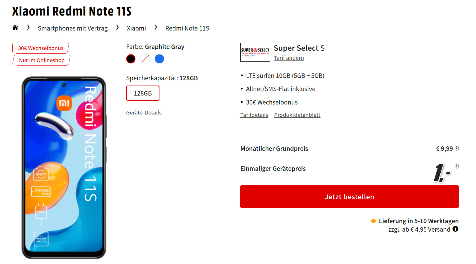 Xiaomi Redmi Note Handytarife --30 Euro Wechselbonus --10 GB Allnet-Flat für mtl. 9,99 Euro/Eff. 2,95 Euro
