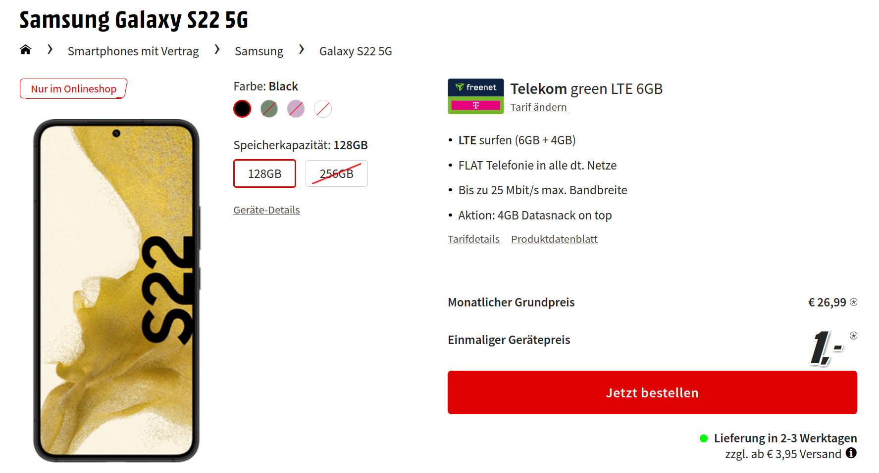 Preistipp Galaxy S22 5G: 10 GB Telekom Allnet-Flat für 26,99 Euro/Eff. 0,78 Euro
