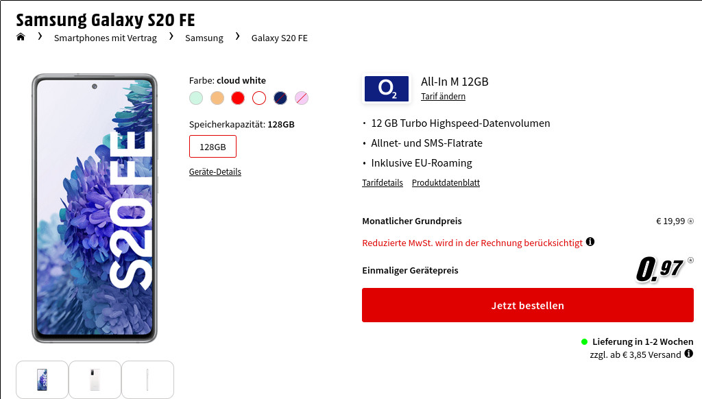 Preistipp Galaxy S20 Tarife: 12 GB O2 LTE Allnet-Flat für mtl. 19,99 Euro/Eff. -2,05 Euro