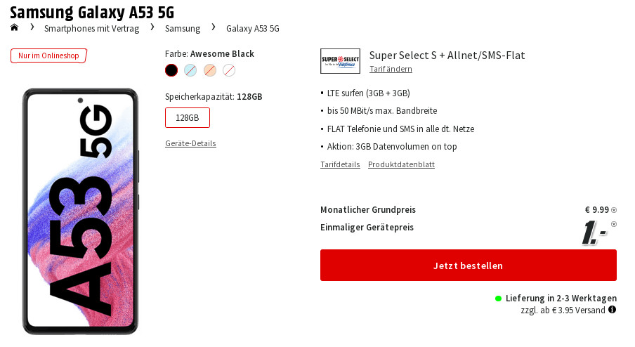 Preistipp Samsung Galaxy A53 5G: Samsung Galaxy A53 5G mit 6 GB LTE All-In-Flat für mtl. 9,99 Euro/Eff. -1,22 Euro