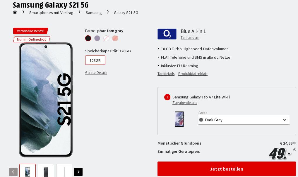 Preisknaller Galaxy S21 Tarife: Gratis Tablet PC plus 18 GB LTE Allnet-Flat im O2-Netz für mtl. 24,99 Euro/Eff. -6,26 Euro