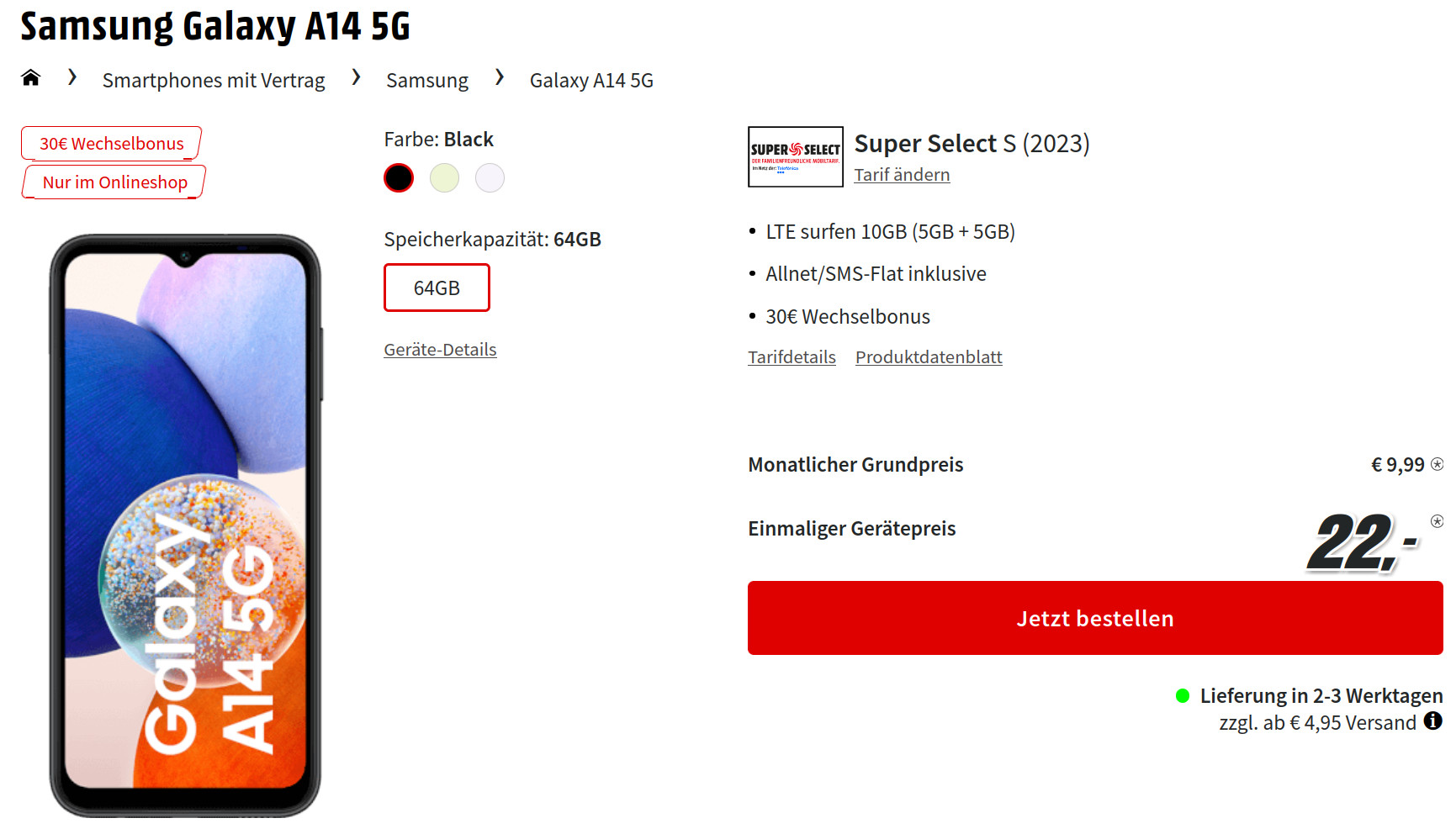 Galaxy 5G Tarife: Samsung Galaxy A14 5G für mtl. 9,99 Euro/Eff. 2,99 Euro