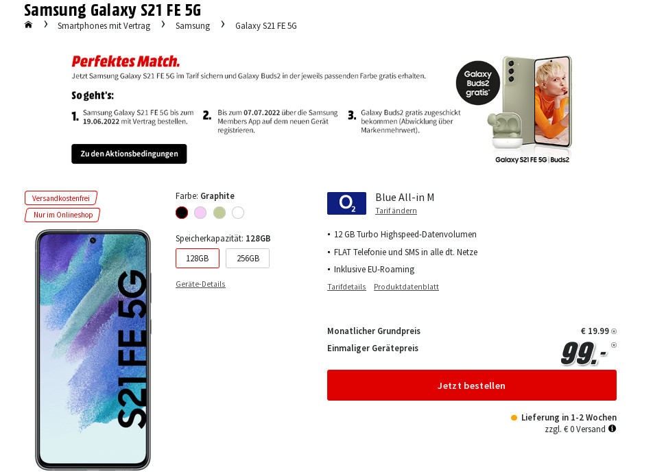 Galaxy S21 FE 128GB Tarifhammer: 12 GB O2 Allnet-Flat plus gratis Galaxy Buds 2 für 19,99 Euro/Eff. -4,76 Euro