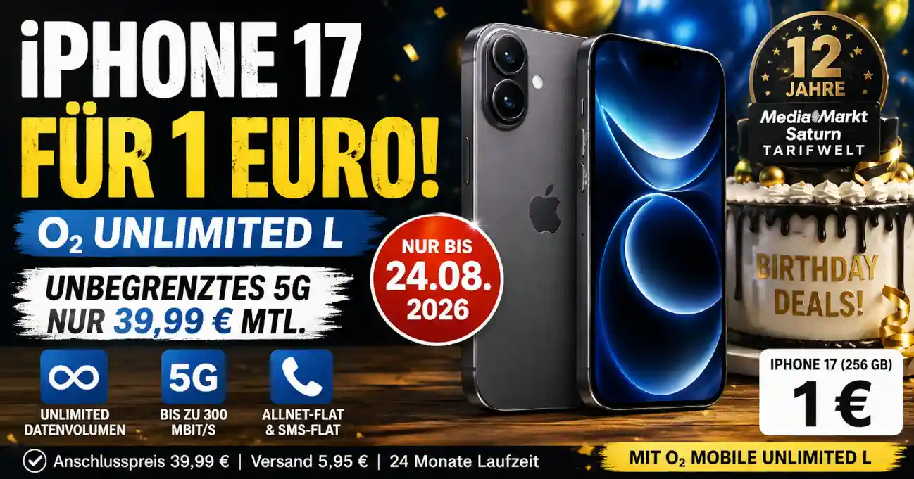 Das iPhone 17 mit 256 GB gibt es f�r 1 Euro zum O2 Mobile Unlimited L. Kosten, 5G-Tempo, Laufzeit und Deal-Check bis 24. August 2026